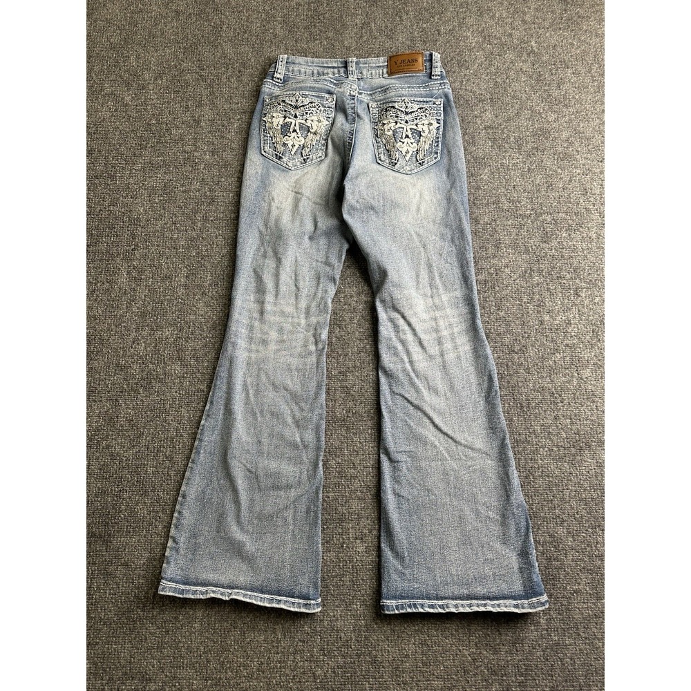 Womens Y Jeans Los Angeles Embellished Flare Blue Denim Jeans, Size 7/8